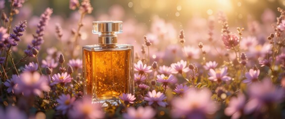 Elegant perfume bottle surrounded by blooming lavender and daisies in soft sunlight.