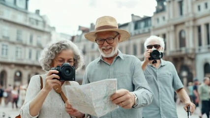 Three senior travelers exploring together, looking at a map and taking photos, enjoying adventure and discovery in an outdoor setting.