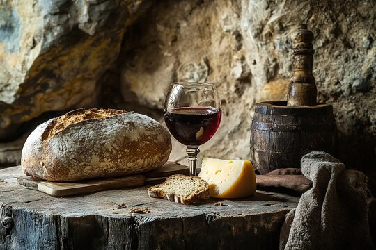 Rustic scene featuring bread, cheese, and wine, evoking medieval