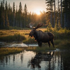 A pair of moose standing in a shallow forest pond at sunrise.