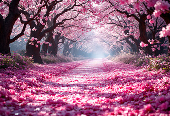 A breathtaking scene of a pathway covered in vibrant pink blossoms