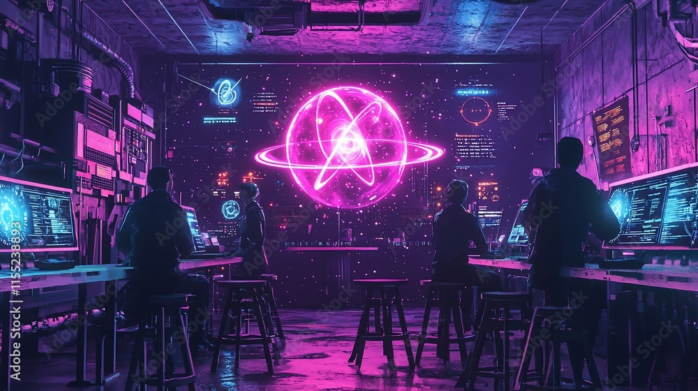Aufkleber scientists studying glowing atom on large screen in futuristic lab.
