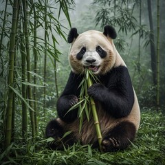 A giant panda eating bamboo amidst a serene, misty bamboo forest.