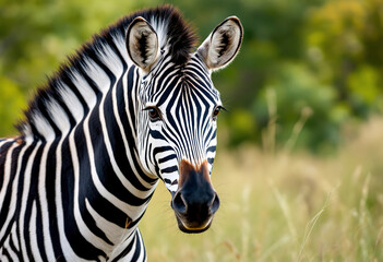 Fototapeta premium A close-up portrait of a zebra with its distinctive black and white striped pattern, standing in a grassy field with blurred foliage in the background