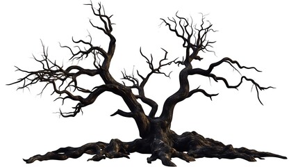 Silhouette of a gnarled, dead tree with exposed roots against a white background.