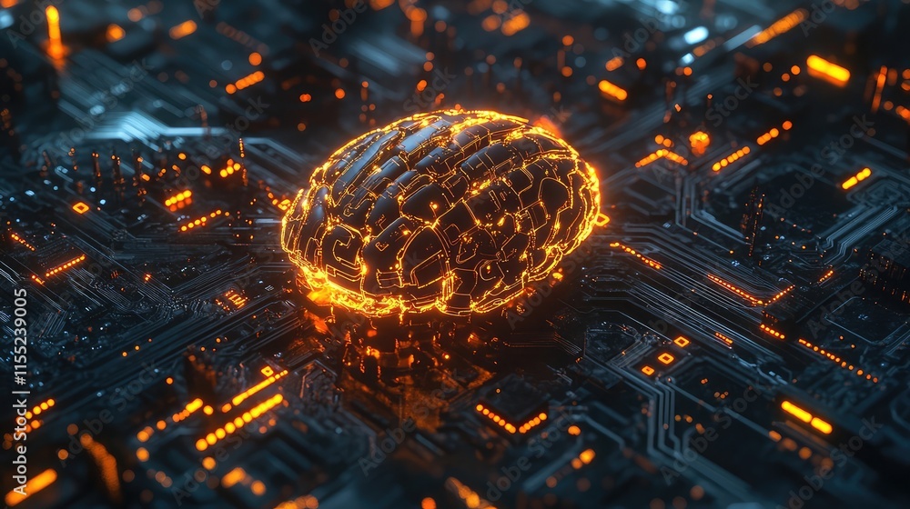 Poster ai brain with glowing circuits surrounded by futuristic data graphics