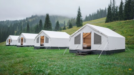 A Peaceful Campsite with Colorful Tents Nestled in a Lush Green Field Surrounded by Majestic Trees Under a Clear Blue Sky Evoking Serenity and Adventure