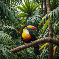 A colorful toucan perched on a tropical tree branch surrounded by exotic plants.