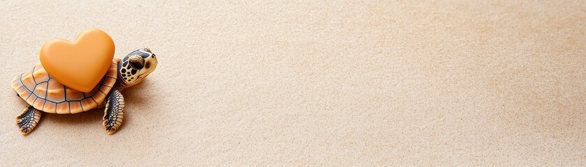 A cute turtle with a heart-shaped shell rests on a sandy surface, symbolizing love and nature's beauty.