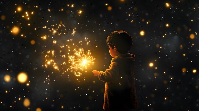 A child playing with sparklers during New Year celebrations, isolated on transparent - Powered by Adobe