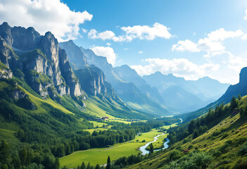 Naklejka premium A lush, green mountain landscape with a winding river and dramatic cliffs in the background under a clear blue sky