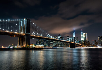 Obraz premium A night skyline of New York City with the iconic Brooklyn Bridge and the 911 memorial lights shining into the sky, reflecting on the calm waters of the East River