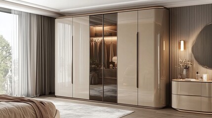 Modern bedroom featuring a stylish wardrobe and bedside table in a serene setting.