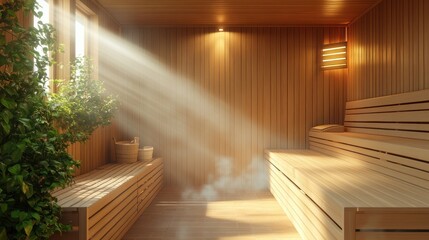 Obraz premium Relaxing wooden sauna with steam and sunlight.