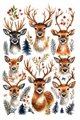 Fototapeta premium Festive Christmas reindeer design collection set in watercolor style isolated on a white background.