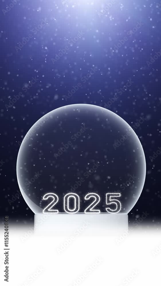 Poster 2025 greetings on winter blue sky with empty snowglobe and snowfall loop vertical animation.