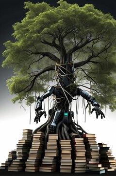 robot misteri di sebatang pokok dan timbunan buku