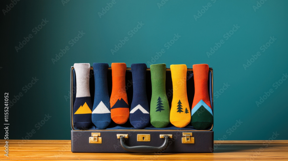 Poster quirky socks lovers concept. quirky socks displayed in open suitcase, showcasing vibrant colors and 