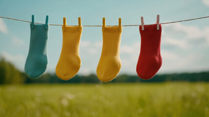 quirky socks lovers concept. Colorful socks hanging on clothesline in sunny outdoor setting