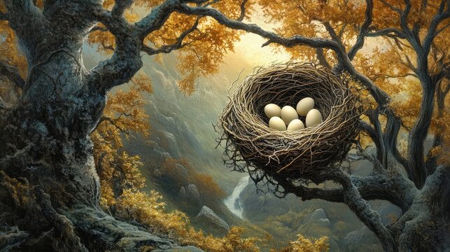 A birda??s nest in a tree with eggs, symbolizing naturea??s renewal