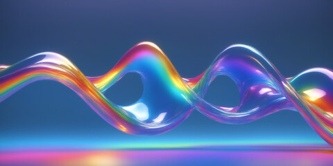 3d abstract liquid glass transparent clear ribbon wave line render. Rainbow fluid flow curve shape with dispersion light, holographic gradient texture. Flying glossy design element. 3D Illustration