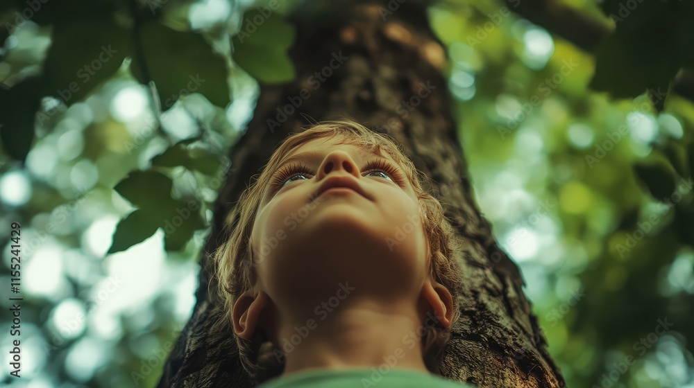 Poster a child looking up at a tree canopy with awe