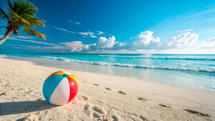 Obraz premium Colorful beach ball on the sandy shore with a tropical umbrella under a sunny sky by the ocean