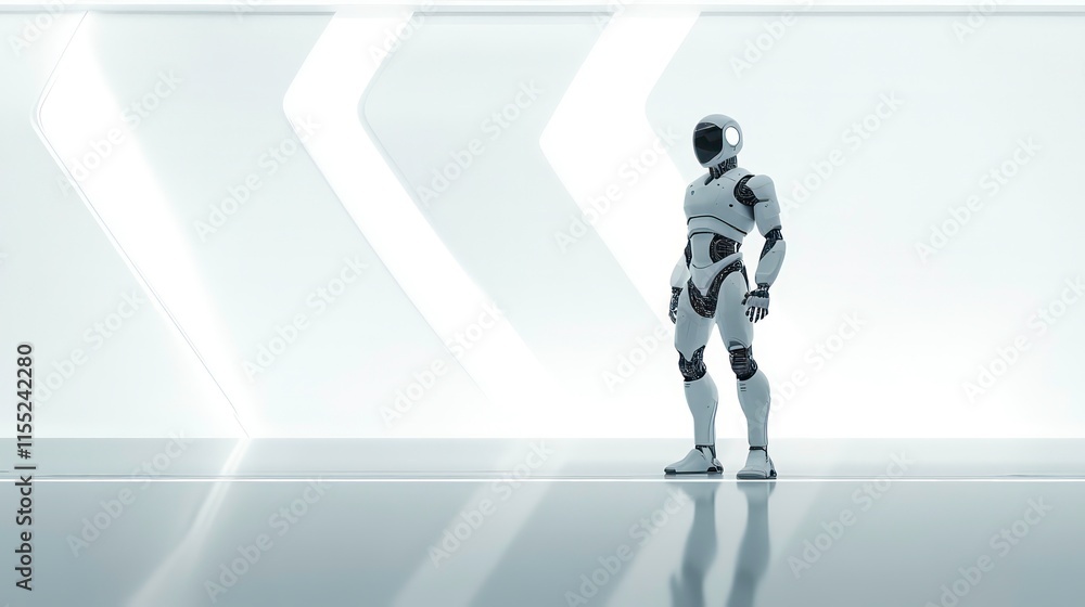 Poster white artificial intelligence humanoid robot stands in futuristic setting technology background copy