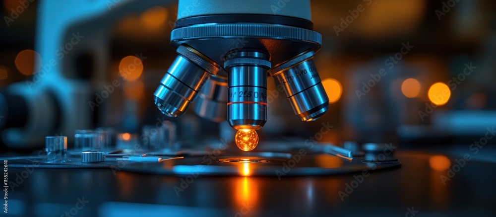 Poster close-up of microscope lens with illuminated specimen in laboratory setting.