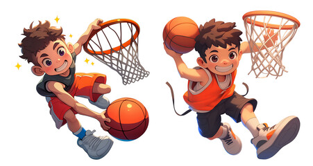 Two Young Boys Playing Basketball and Performing Slam Dunks With Joyful Energy