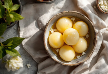 Indian Rasgulla dessert. Sweet served in a bowl, top view.