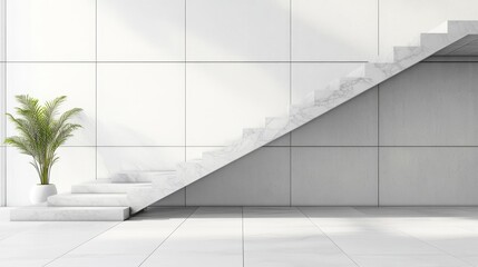 Fototapeta premium A modern staircase with a minimalist design and a potted plant in a bright interior space.