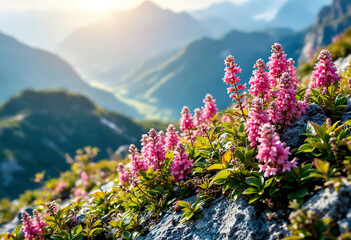 Mountain landscape with flowers. Badan flowers. Bergenia crassifolia. Close-up of badan blooming on a mountain slope.