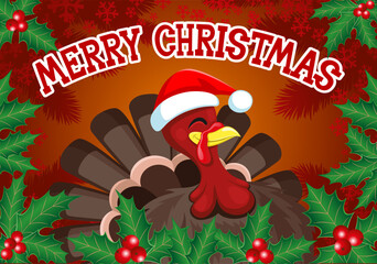 Christmas illustration with turkey bird and holly leaves on red background.