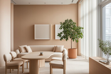 Fototapeta premium A beige sofa and chairs surrounding a light oak wooden table near a large window. Large minimal living room decoration 