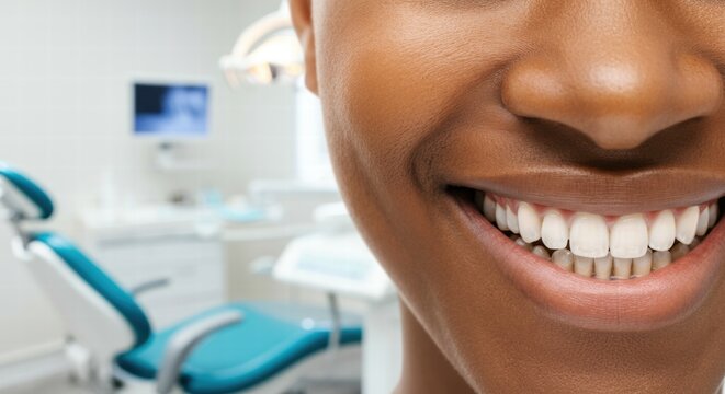 Close-up of african female adult smiling in dental office