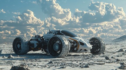Futuristic white vehicle on rocky desert landscape under a cloudy sky.