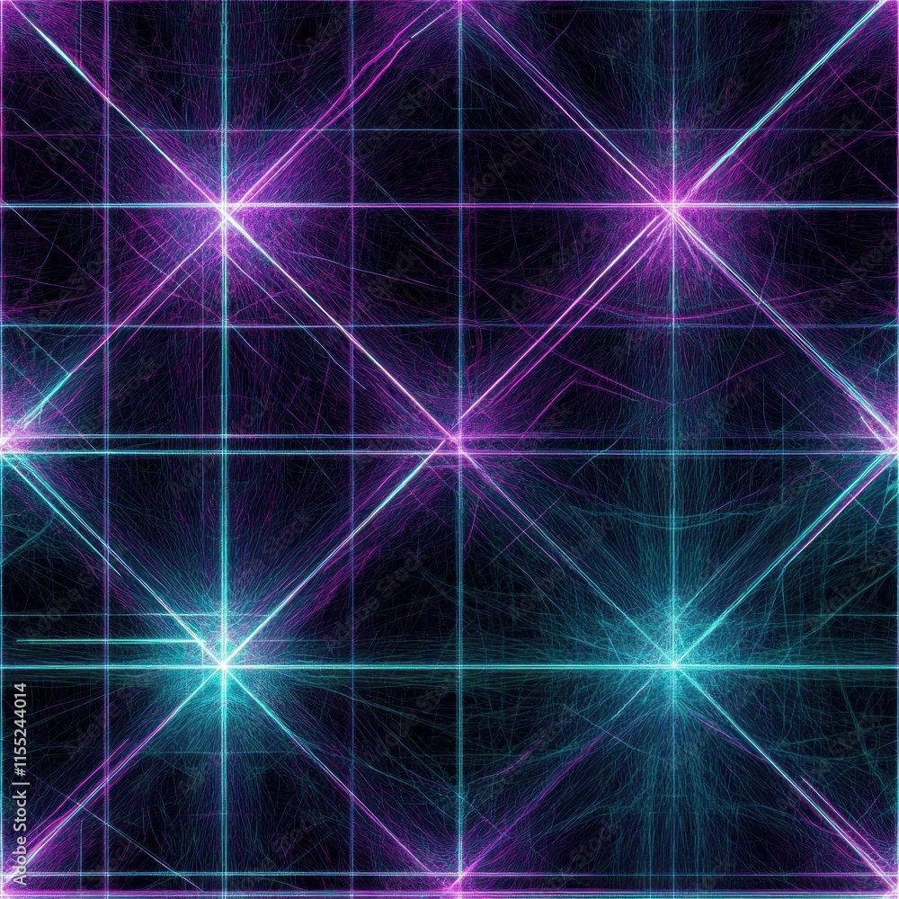 Poster purple and turquoise lights creating a glowing grid pattern on black background