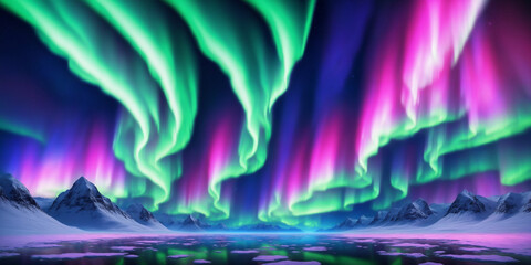 Aurora northern, polar and southern lights realistic vector on night sky background. Aurora polaris, borealis and australis with green, blue, pink and purple neon lights, shining rays and swirls