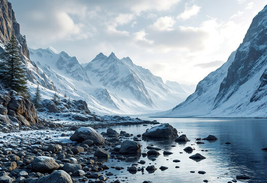 Snowy mountains overlooking a rocky beach with a calm body of water in the foreground
