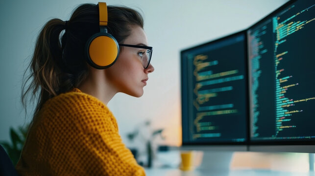 Female programmer working coding at home office