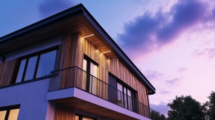 Modern house exterior at dusk with wooden accents and large windows.
