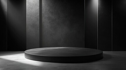 arafed black and white photo of a round platform in a dark room