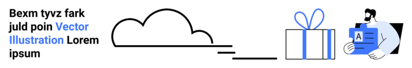 Man holding a file with a letter A, a gift box with a blue ribbon, and a cloud. Ideal for business presentations, cloud technology, online storage, gifting services, documents, marketing web design