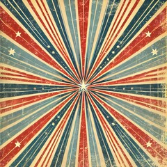 A retro-inspired starburst pattern in red, white, and blue with a central star and weathered texture, evoking classic Americana and timeless patriotic aesthetics.

