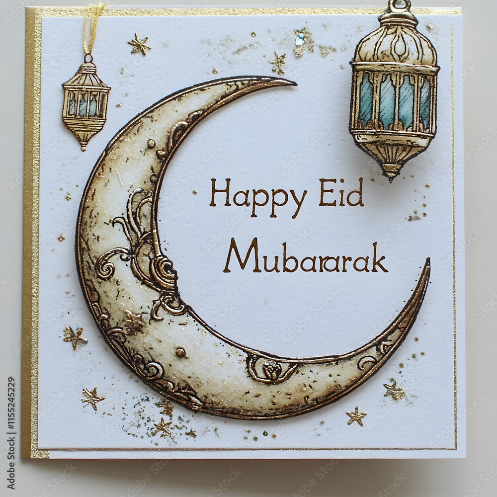 Poster a crescent moon and lantern-themed card with 