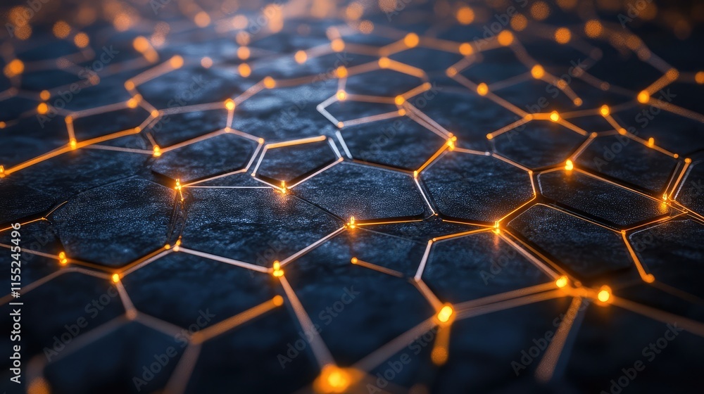 Aufkleber blockchain nodes visualized as glowing interconnected hexagons