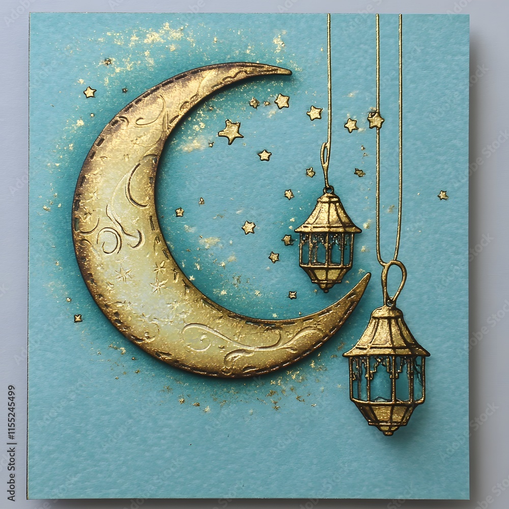 Poster a crescent moon and lantern-themed card with 