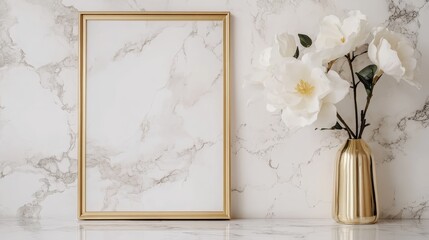 A minimalist decor featuring an empty frame and a vase with flower on a marble surface.