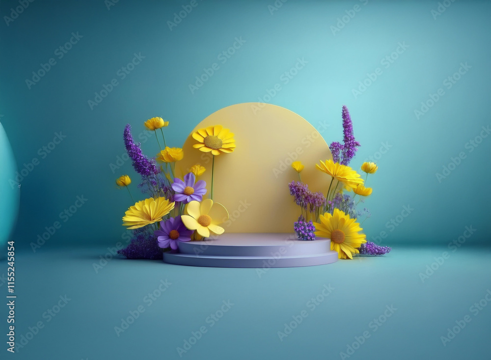 Poster serene 3d render of a minimalist pastel blue studio set featuring a circular platform adorned with y